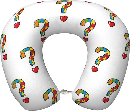 Unique Travel U Shaped Pillows Heart Autism Awareness Ribbon for Airplanes Car Flight, Comfortable Chin Head Neck Cushion Supporting, Polyester Removable Cover
