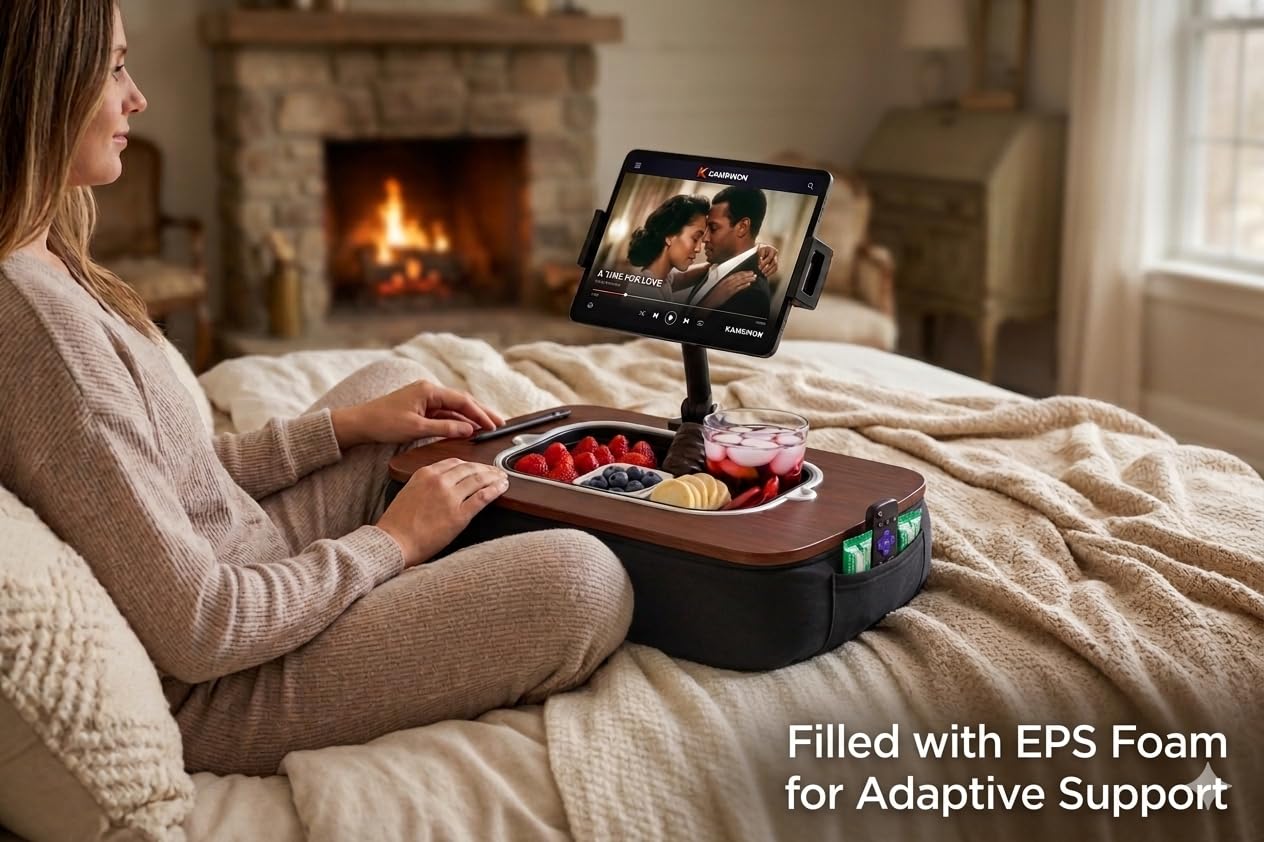 KAMRIKON Pillow Lap Desks for Adults, Adjustable Tablet Holder Fits 4.7-13 Inch Devices, Silicone Snack Tray, Spill-Resistant Lid, Stylus and Bag Included