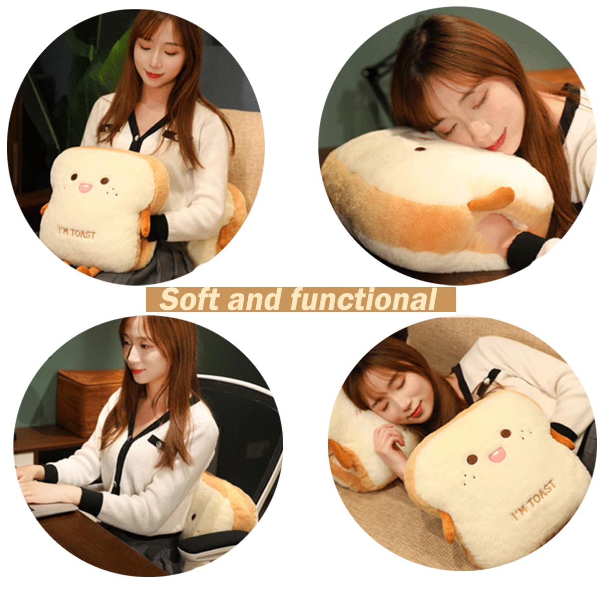 Goylmc Toast Bread Plush Pillow, Bread Stuffed Pillow,Food Plush Pillow with Hand Pocket Great Gift Choice for Kids Adults (15.7 * 13.7 in,Cute)