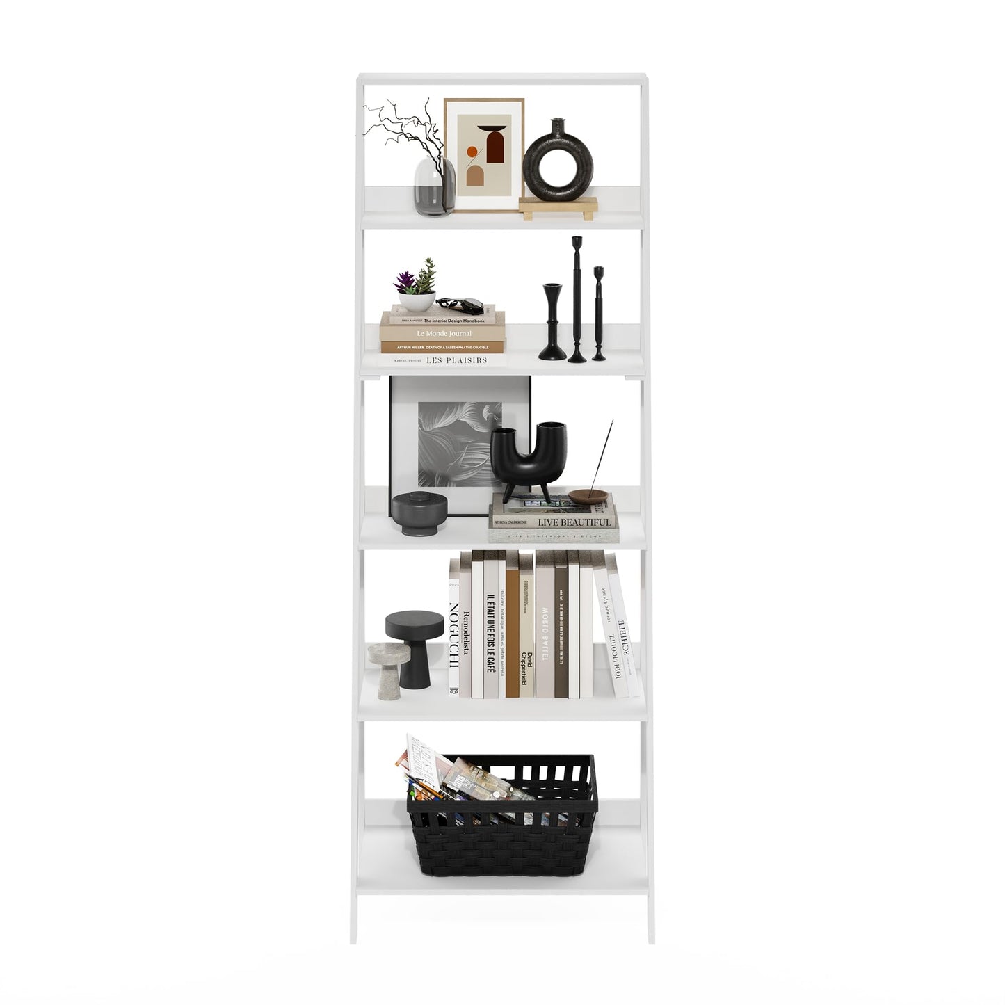 Furinno Ladder Book Shelf, 6-Tier Ladder Shelf, Open Design Bookshelf, Display Storage Bookcase, 14.8" x 23.6" x 66.2", Living Room, Home Office, White