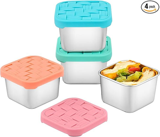 Ryrokxivi 4PC 6oz Stainless Steel Snack Containers for Kids, BPA-Free Metal Toddler Snack Containers with Silicone lids, Leakproof Reusable Lunch Containers for School, Travel, Bento, Daycare