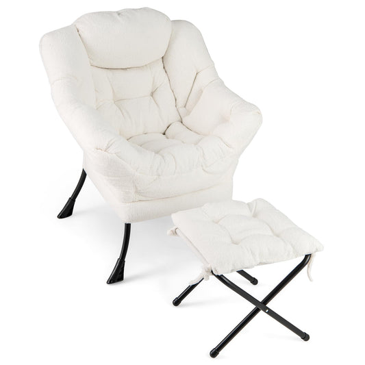 Giantex Lazy Chair with Folding Ottoman, Modern Sherpa Accent Chair w/Steel Frame, Armrests & Pocket, Upholstered Single Sofa Chair Set, Leisure Reading Lounge Chair for Living Room Bedroom (White)