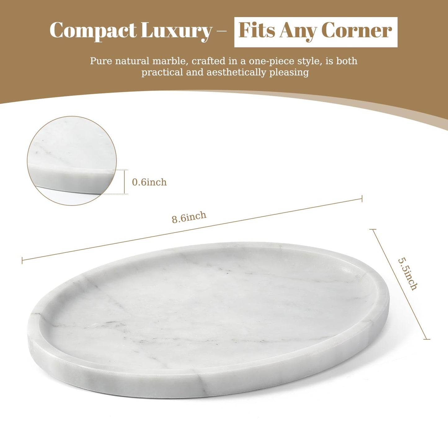 Koville Carrara Marble Tray, Oval Vanity Decorative Marble Tray for Home, Countertop Organizer, Catchall Tray for Perfume, Candles, Jewelry