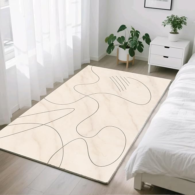 Modern Marble Rug - 5x7 Area Rugs, Abstract Line Marble Rug, Minimalist Geometry Bedroom Rugs, Washable & Non Slip Carpet Home Decor