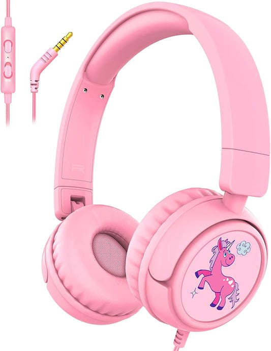 K6 Kids Headphones, 85/94dB Volume Limit Wired Headphones for Kids,3.5mm Jack Foldable Stereo Sound Toddler Headset with Mic, On-Ear Headphone for Smartphones/iPad/Tablet/Plane/Travel (Pink)