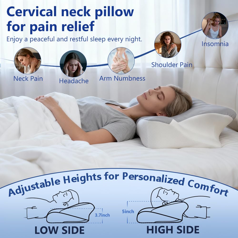 BNXIANG Cervical Neck Pillow for Neck Pain Relief & Sleeping, Ergonomic Contour Neck Support Pillow, Memory Foam Orthopedic Pillow for Side, Back, Stomach Sleepers