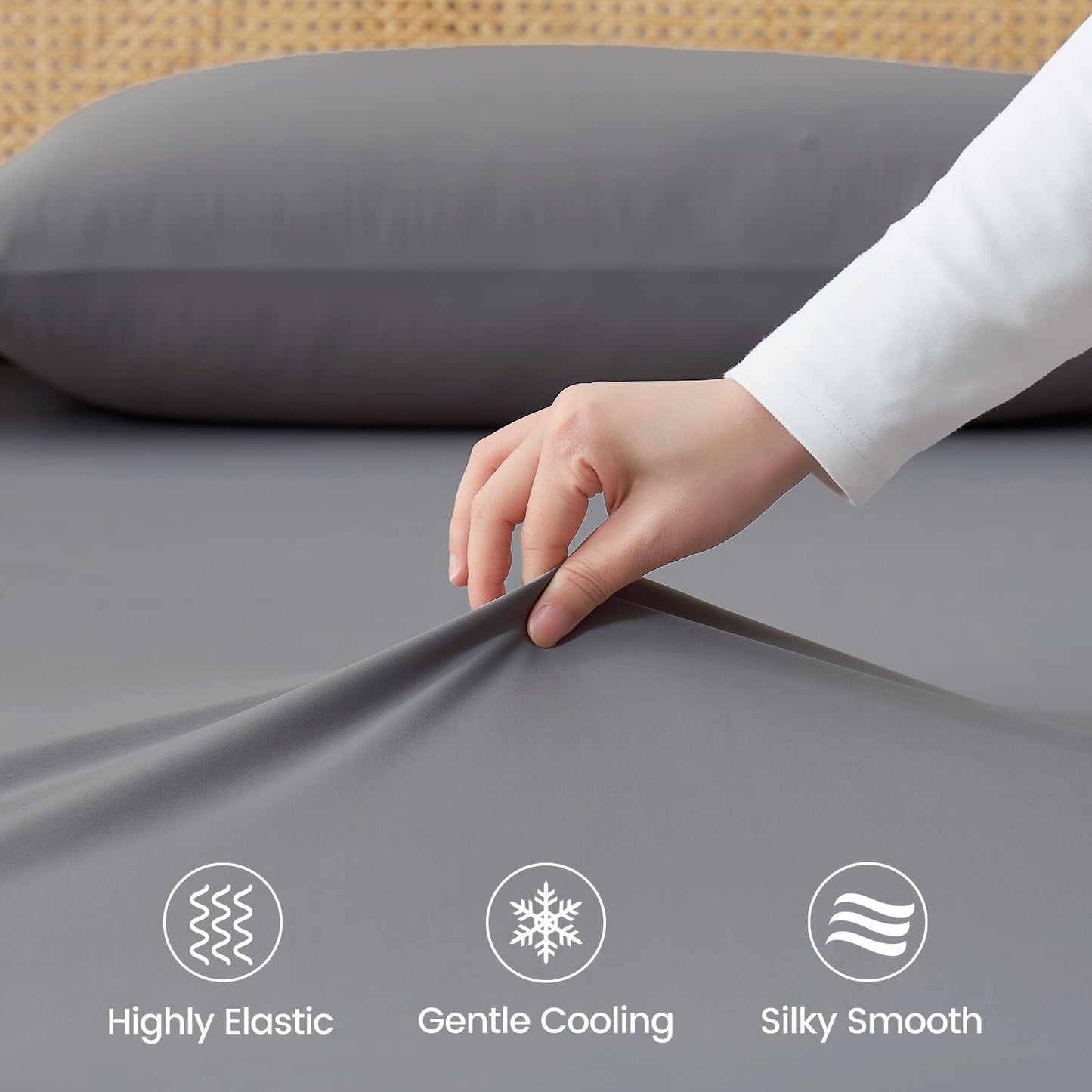 Cozy Bliss Premium Cooling Sheet Set Queen Size, Q-Max>0.45, 3PCS No Flat Sheet with 2 Pillowcases, Breathable Fitted Sheet for Hot Sleepers & Night Sweats, Deep Pocket Up to 18 Inches, Dark Gray