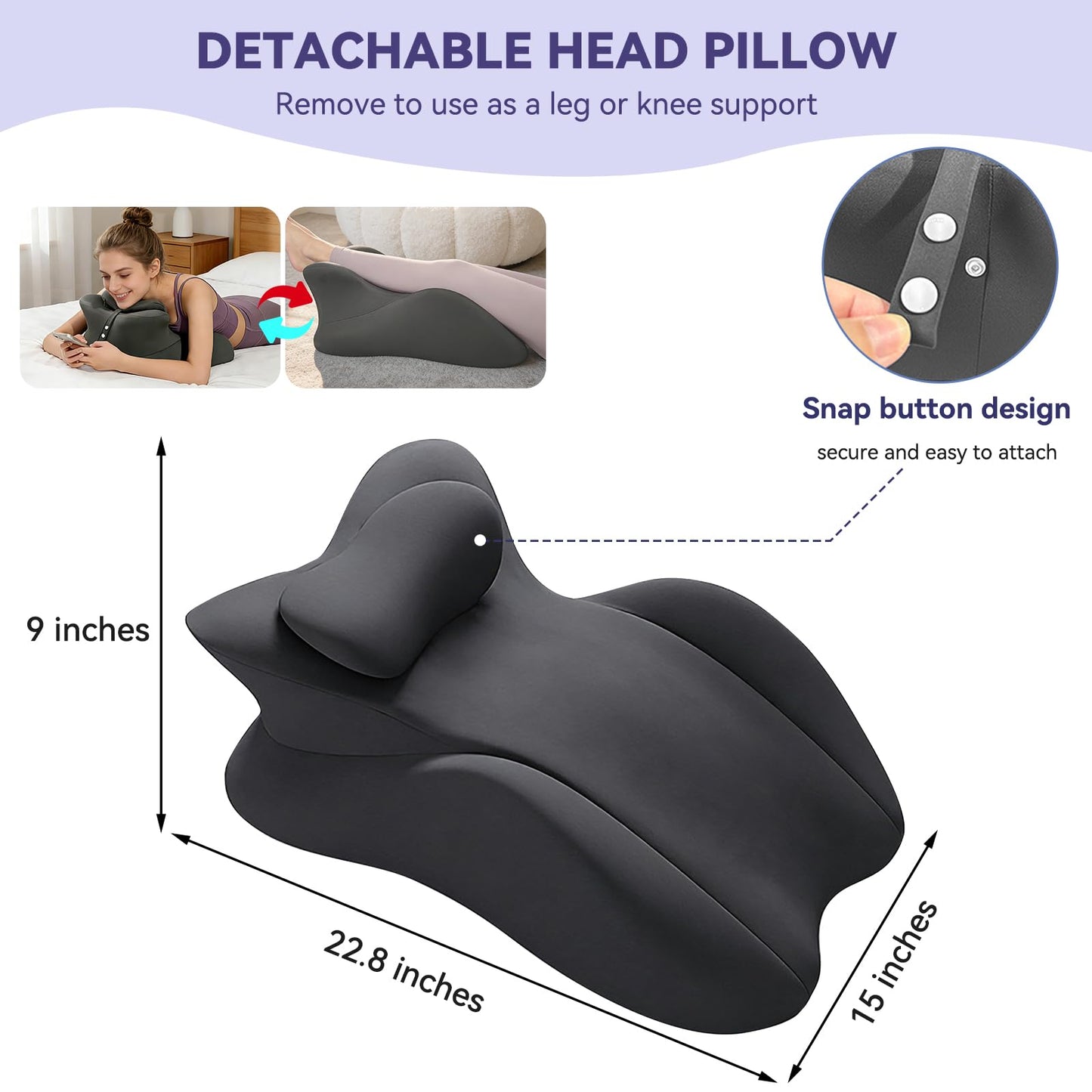 HOTKBO Memory Foam Wedge Pillow, Ergonomic Neck Back Lumbar Support Pillow for Reading, Relaxation & Sleeping, 27° Angled Cushion with Removable Washable Cover, Dark Gray