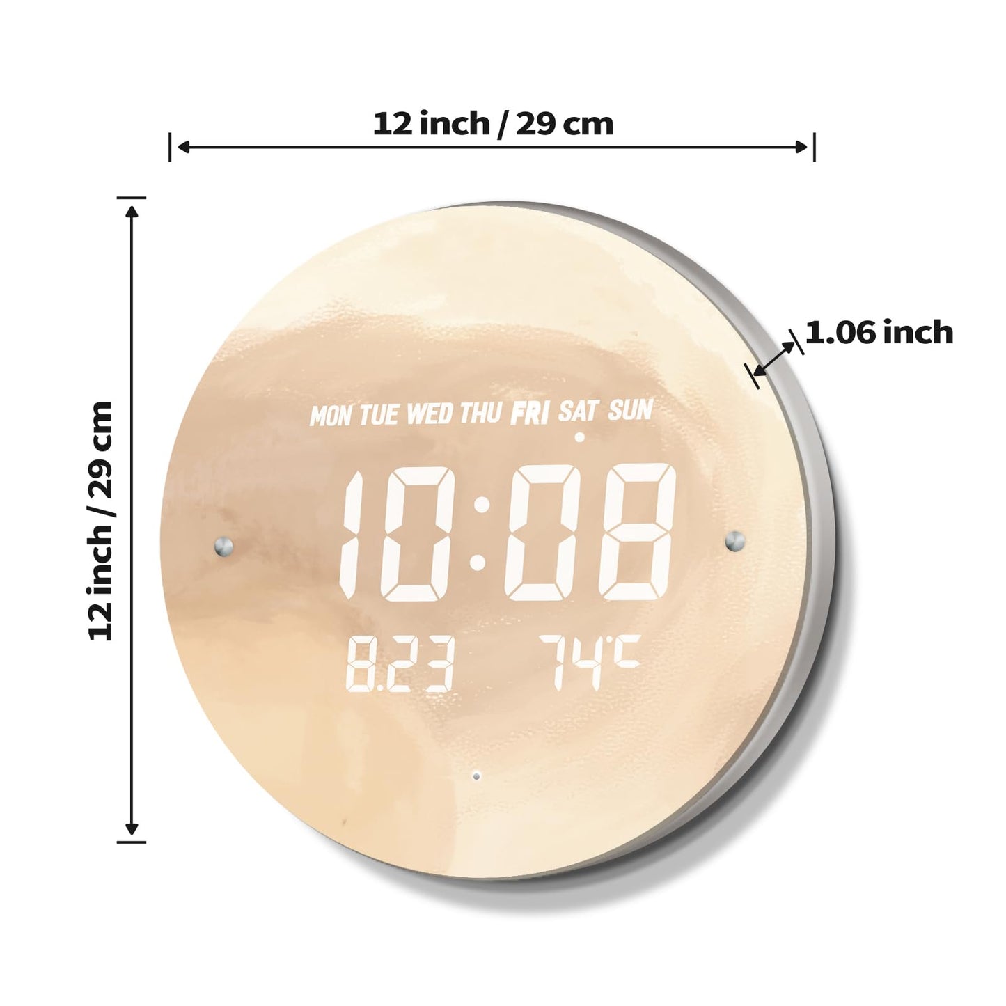 SCOAGE Digital Moon Wall Clock with Temperature/Time/Date, 12'' Modern Led Wall Clock Battery Operated, Smart Dimming, Large Display Decorative for Bedroom/Office/Kitchen