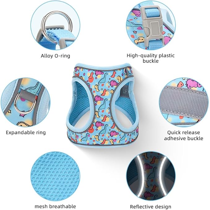 Step in Dog Harness and Leash Set, Flower Adjustable Easy Walk Puppy Harnesses, Soft Mesh Pet Vest Harness Small Size Dog Adjustable No Pull Dog Harness for Small Dogs and Cats(Dinosaur1, XXS)