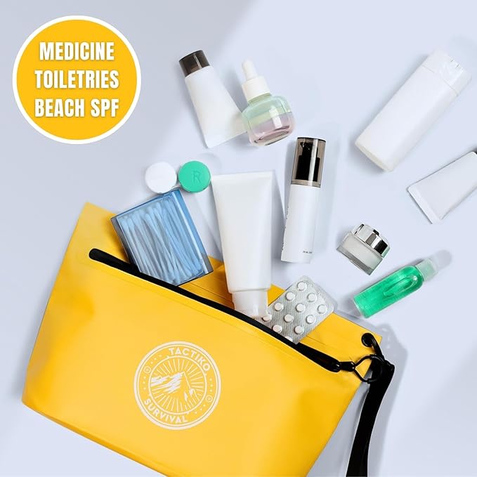 Tactiko 3L Water Resistant Pouch - Waterproof Material w/Splashproof Zipper - Hold All Zipper Bag for Storage, Toiletries, Travel, Beach, Cruise, Home (3, Blue/Yellow/Black) | Collapsible, Easy to Clean, Pack All