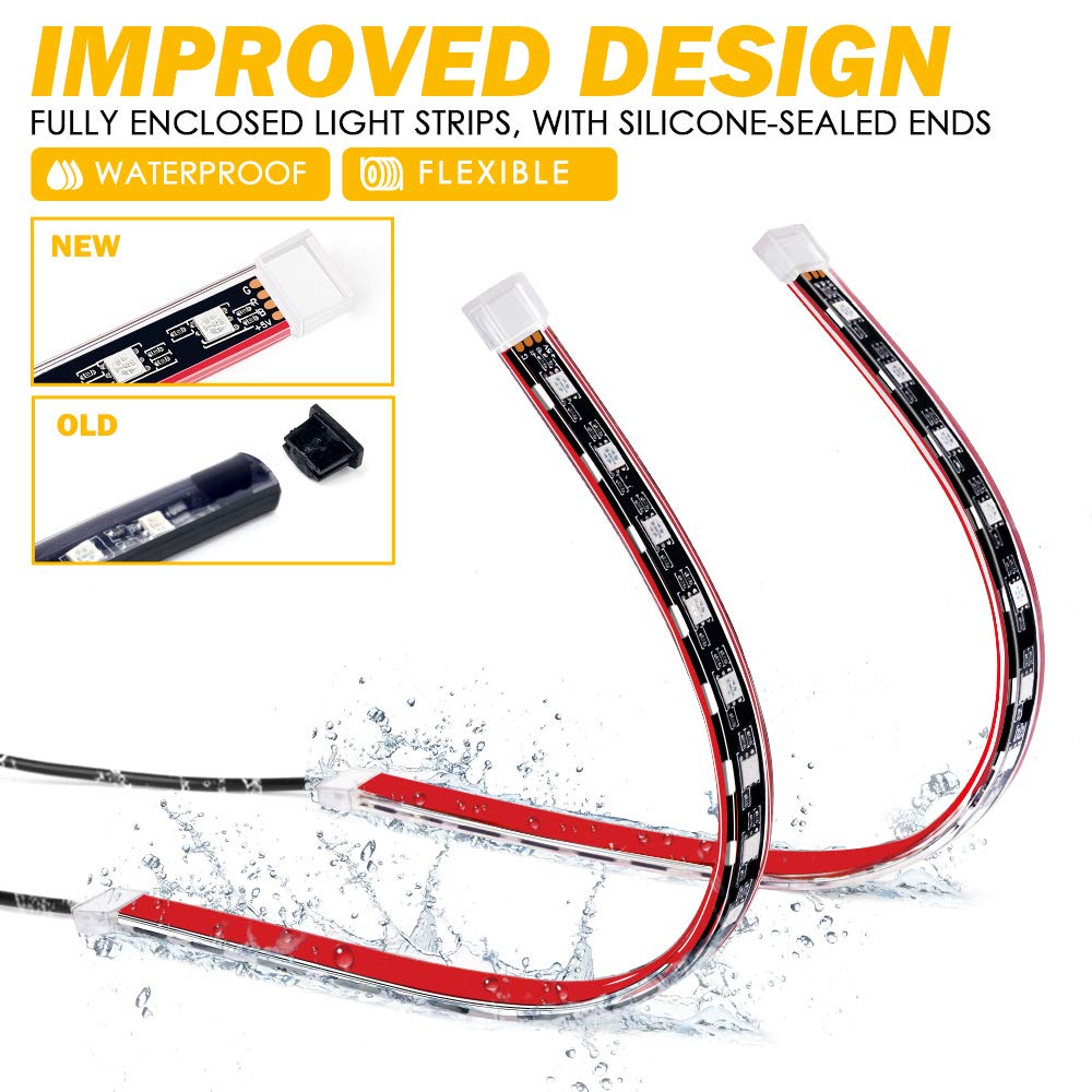 Xprite RGB LED Car Interior Bluetooth USB Light Strip, w/Wireless Remote and APP Control,4 PCS Under Dash Footwell Ambient Lights Kits, DIY Music Mode Universal for Vehicle Internal, SUV, Trucks