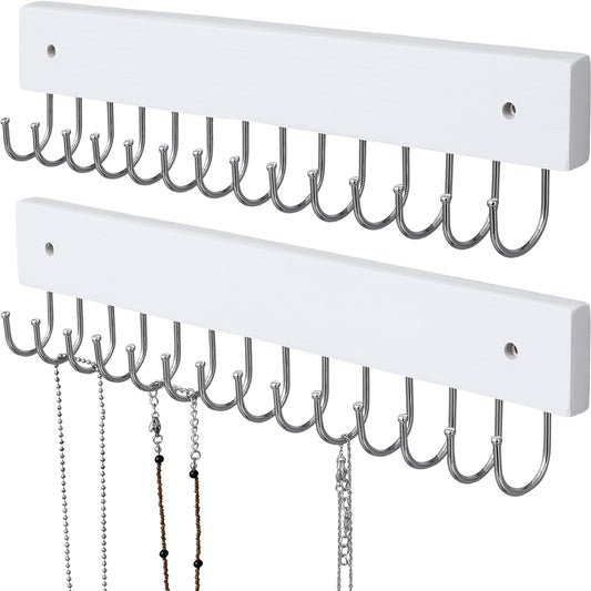 SCUNDA Hanging Jewelry Organizer Wall Mounted, Modern Jewelry Display with 28 Hooks, Decorative Necklace Holder for Wall, Space Saving Necklace Hooks, (2 Packs, White)