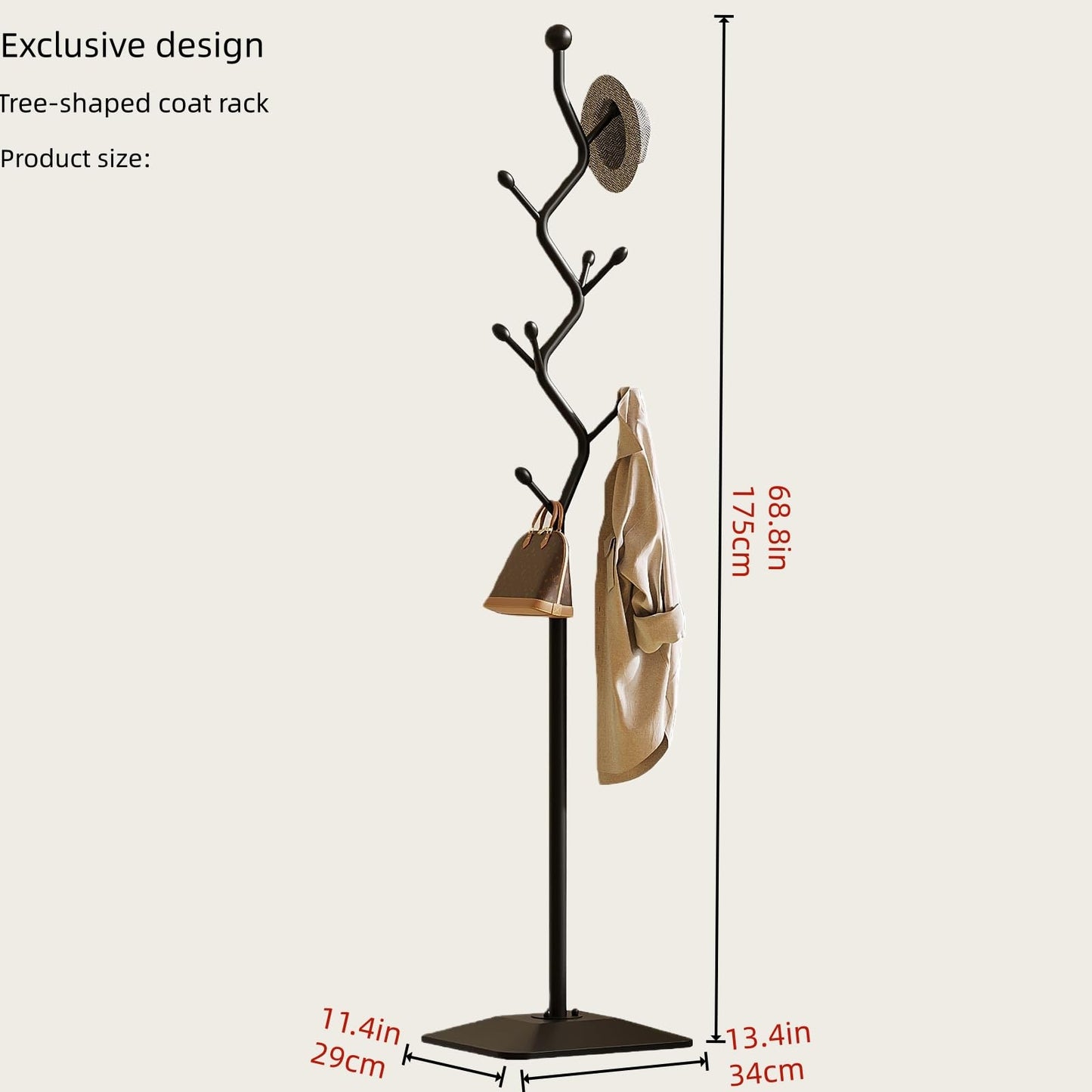 IRNCLD Sturdy Metal Coat rack Tree – Anti-Tip Design with 8 Hooks, Perfect for Home, Dorm, or Office Organization (black)