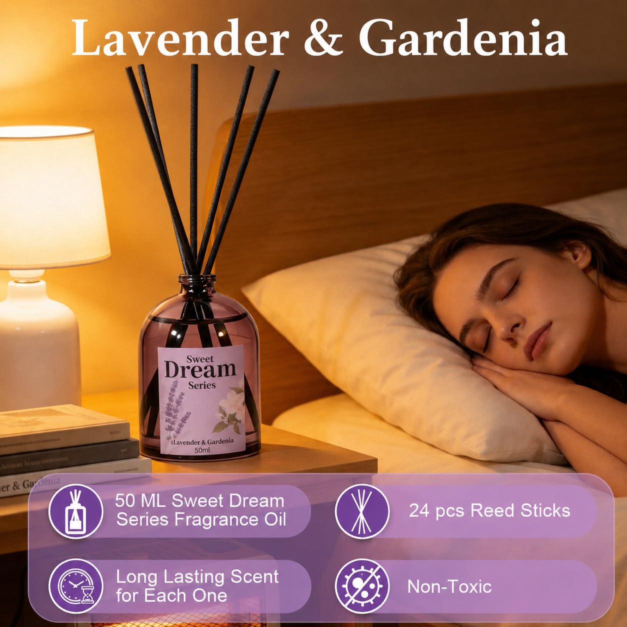 STRN Reed Diffuser Sets, Lavender Scented Oil Diffuser, Fragrance Reed Diffuser with 24 Sticks, 6.8 Fl.oz (200ml), 4 Scents Long-Lasting Air Freshener for Bedroom Bathroom Home Décor（50ml*4）
