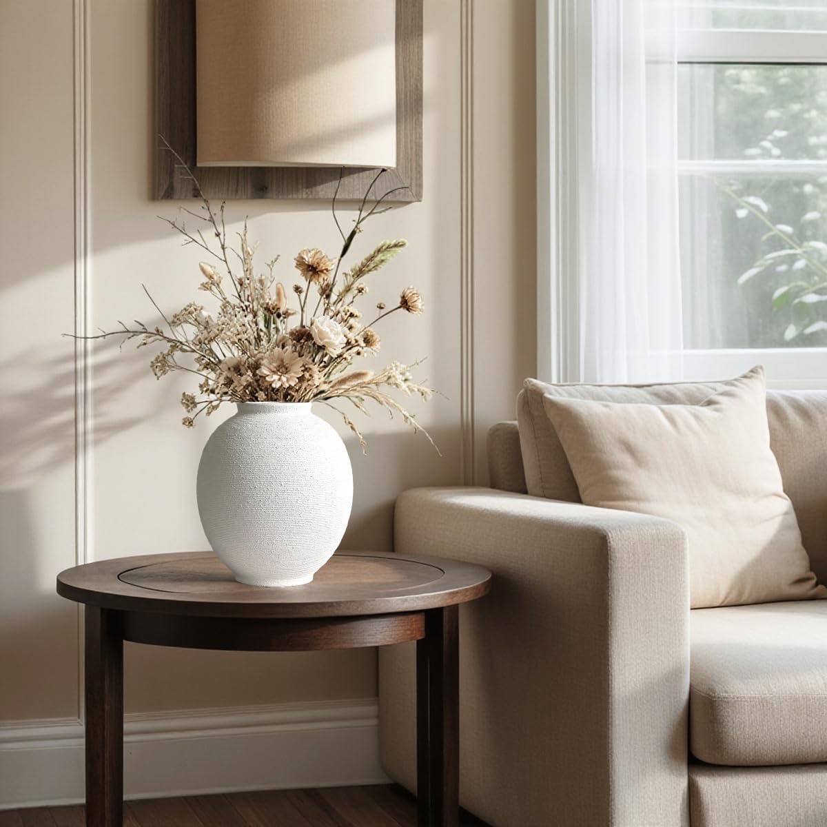 White Ceramic Vase, 9.8" Large, Round, Sandstone White