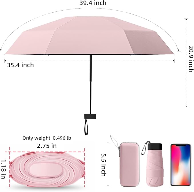 Travel Mini Compact Folding Umbrella with Case - UV Sun & Rain Protection, Lightweight Portable Pocket Umbrella for Women Men Kids, Fits Purse Backpack