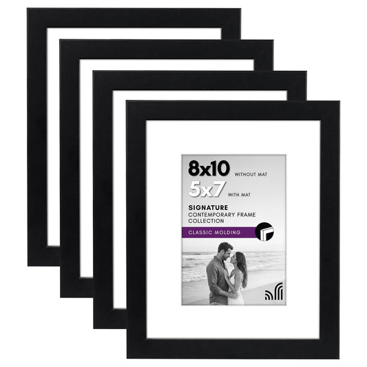 Americanflat 8x10 Picture Frame with Shatter-Resistant Glass - Set of 4 - Use as 5x7 Frame with Mat or Display 8x10 Photo Without Mat - Signature Collection - Photo Frames for Tabletop or Wall - Black