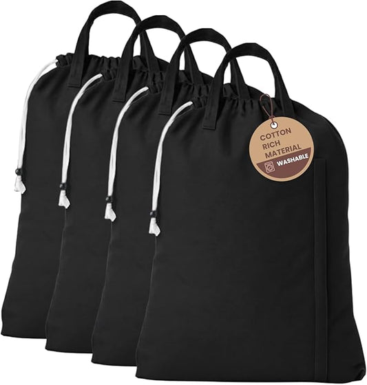 LFH Home Large Premium Cotton Canvas Laundry Bag with Drawstring and Handles Heavy Duty, Multi-Use, and Washable for Home, Travel, College or Storage 20x30 (Pack of 4)-Black