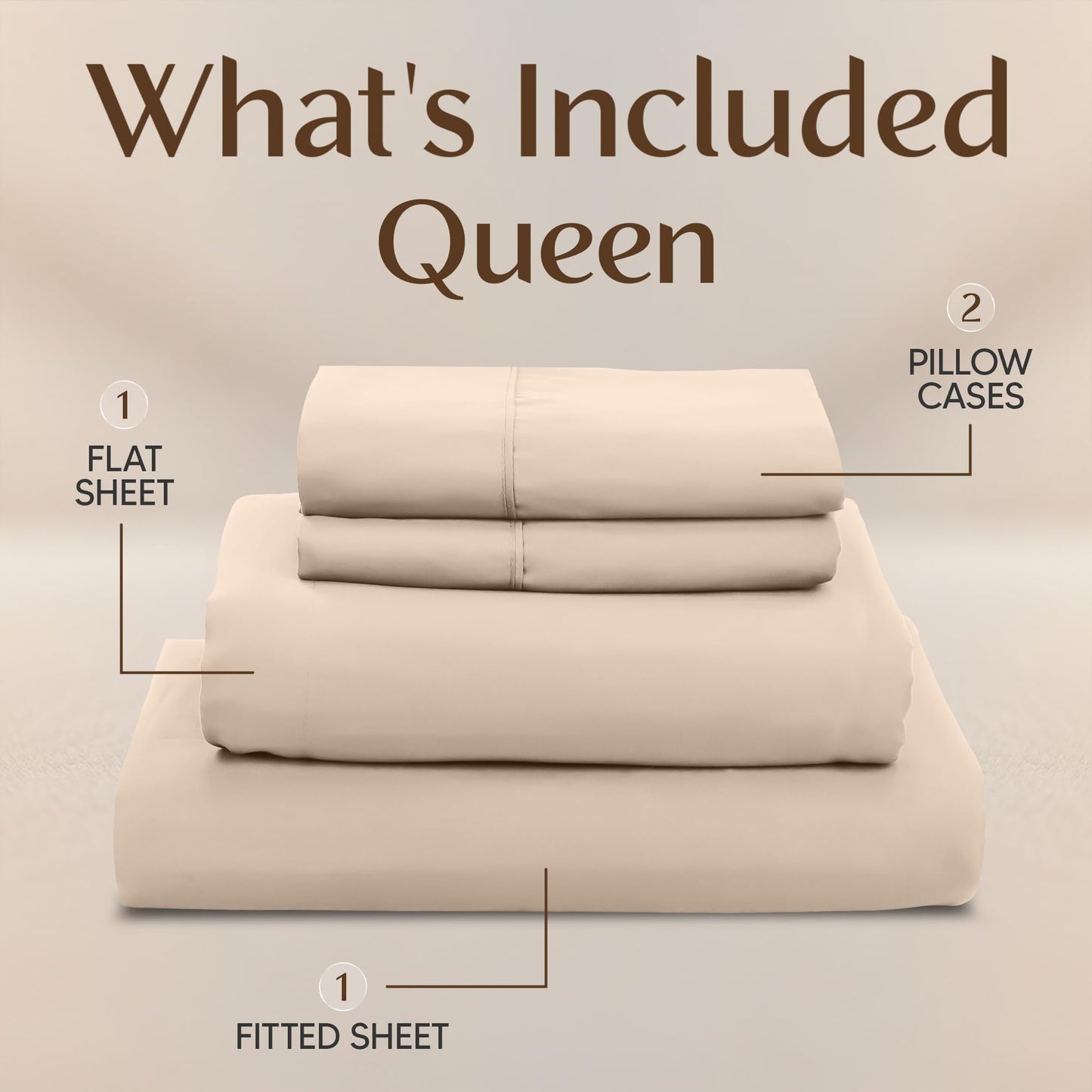 Queen Size Sheet Set – 4 Piece Bed Sheets, Soft and Breathable Microfiber, Includes 1 Fitted Sheet, 1 Flat Sheet and 2 Pillowcases – Oeko Tex (Beige)