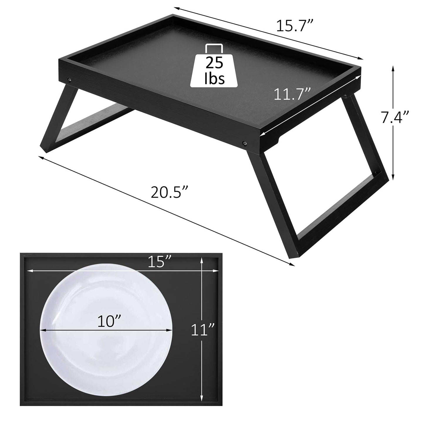 Kaukinye Bamboo Bed Tray Table with Foldable Legs, Breakfast Tray (Black)