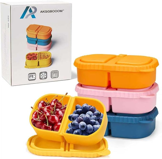 AKGGBOOOM 4 Pack 8.5oz 2-Compartment Snack Containers, Kids Snack Container with Leakproof Lids, Small Silicone Bento Box & Fruit Containers for Lunchbox, School, Travel, and Meal Prep