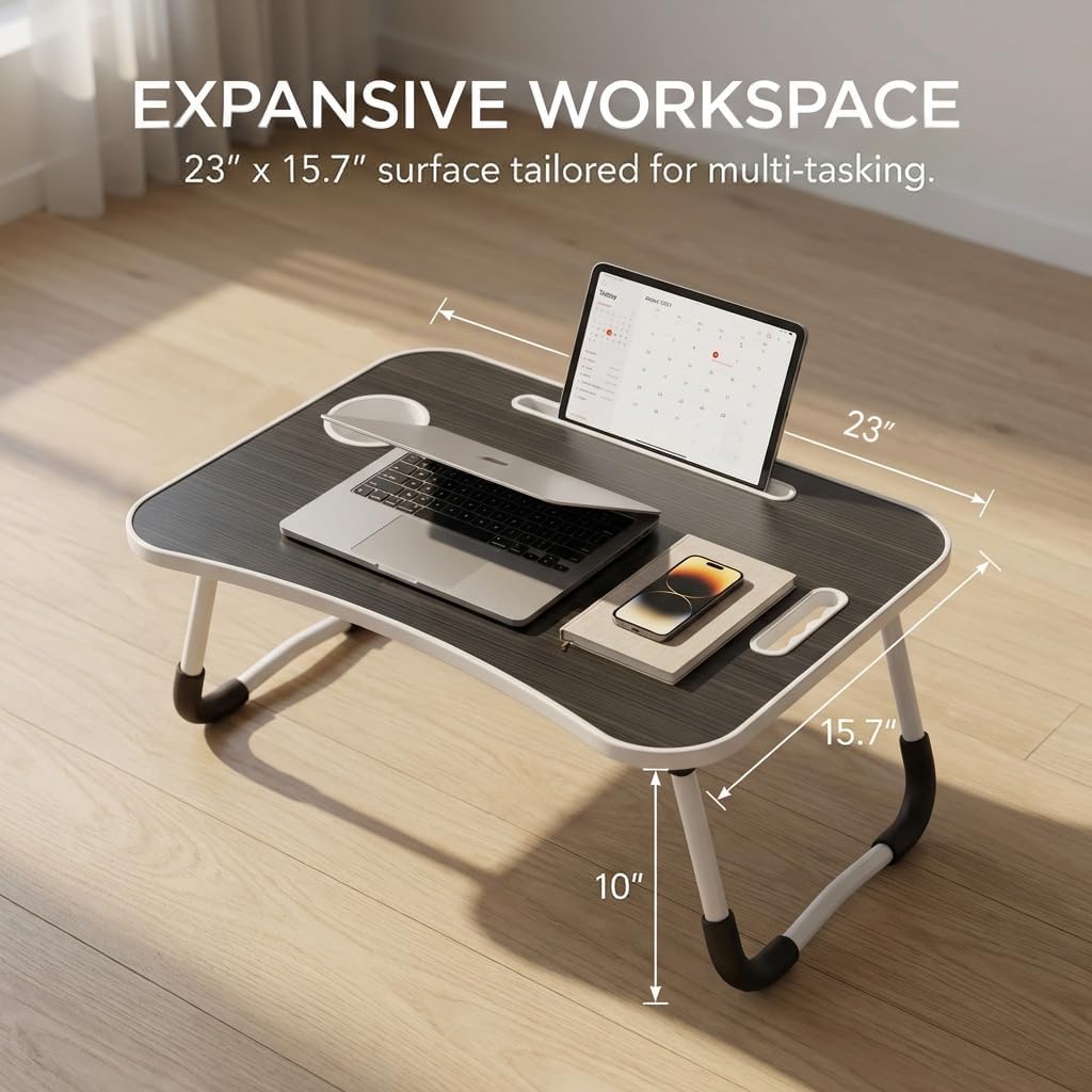 BUYIFY Foldable Lap Desk for Laptop & Writing - 23 inch Bed Tray Table with Cup Holder & Tablet Slot - Portable Notebook Stand for Eating, Sofa, Couch & WFH Students (Black)