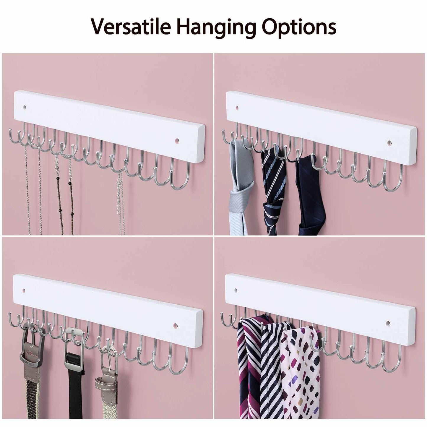SCUNDA Hanging Jewelry Organizer Wall Mounted, Modern Jewelry Display with 28 Hooks, Decorative Necklace Holder for Wall, Space Saving Necklace Hooks, (2 Packs, White)