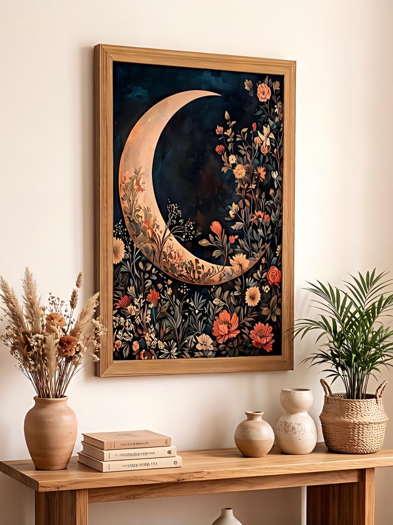 JXZMLNR Framed Canvas Wall Art, Crescent Moon with Dark Floral Print 8x10In