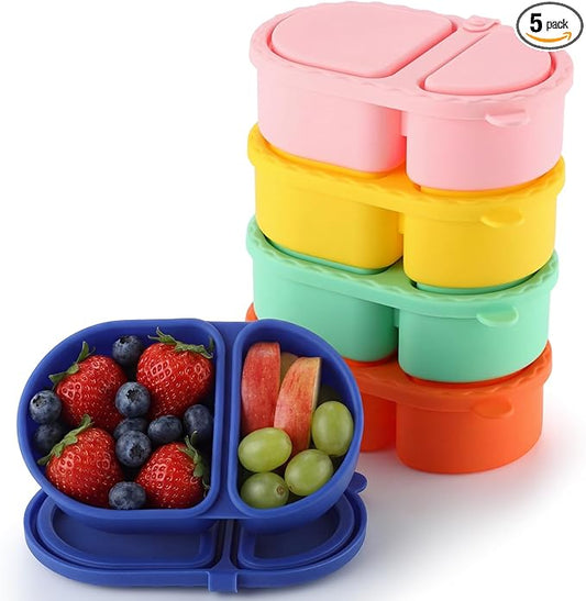 Yiyiring 5 Pcs Reusable Silicone Snack Containers with Lids 2 Compartment Leakproof Food Storage Containers 8 oz Small Portable Bento Boxes for School Office Picnic Travel Daycare