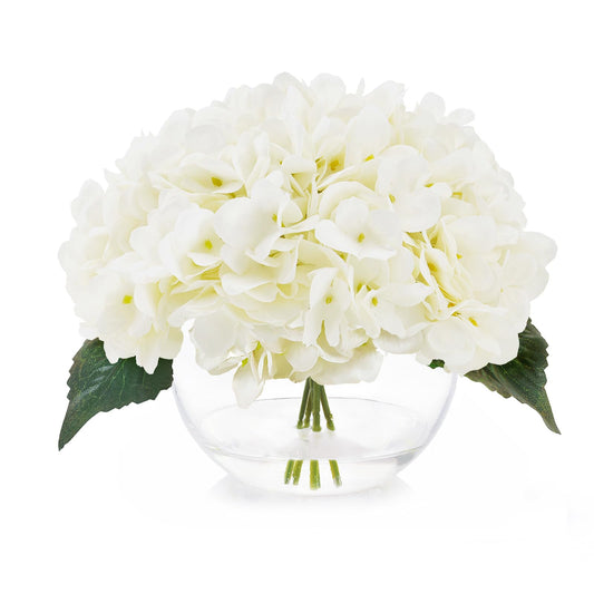 JOJOWOO Silk Hydrangea Flowers in Vase, Small Silk Flowers in Vase with Faux Water for Home Decor Wedding Table (Cream White)