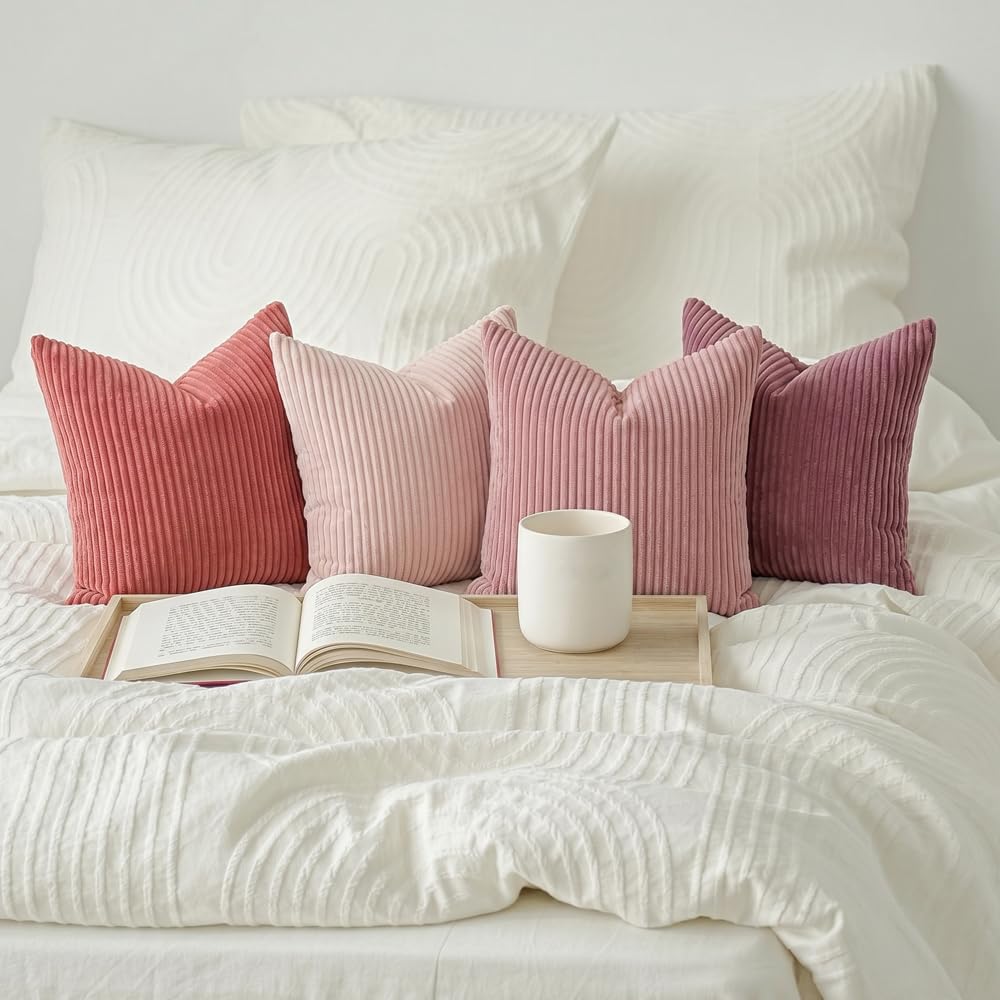 LANANAS Neutral Couch Throw Pillow Covers 18x18 Inch Set of 4 Decorative Farmhouse Boho Throw Pillows for Living Room, Couch, Bed, Sofa Soft Corduroy Accent Home Decor (Rose Pink, 18x18 Inch)