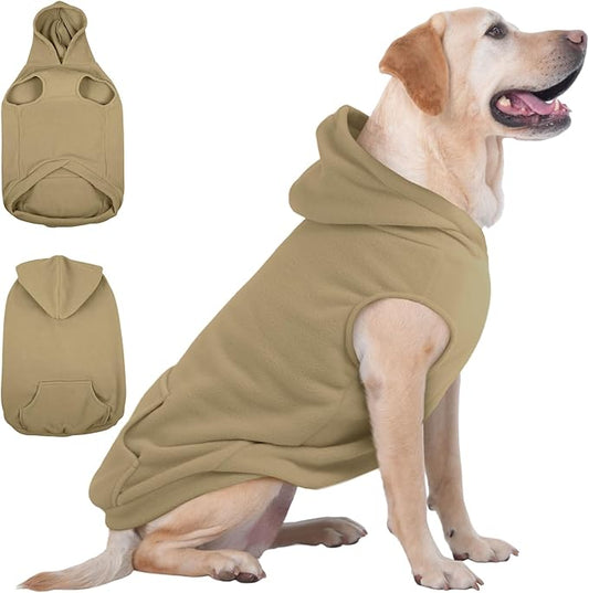 IECOii XXL Dog Hoodie for Large Dogs, Fleece Dog Sweatshirt for Large Breed Male Female Dogs,Pet Pouch Hoodie Winter Sweater Coat with Leash Hole, Warm & Lightweight Outfit for Pitbull, Khaki, 2XL