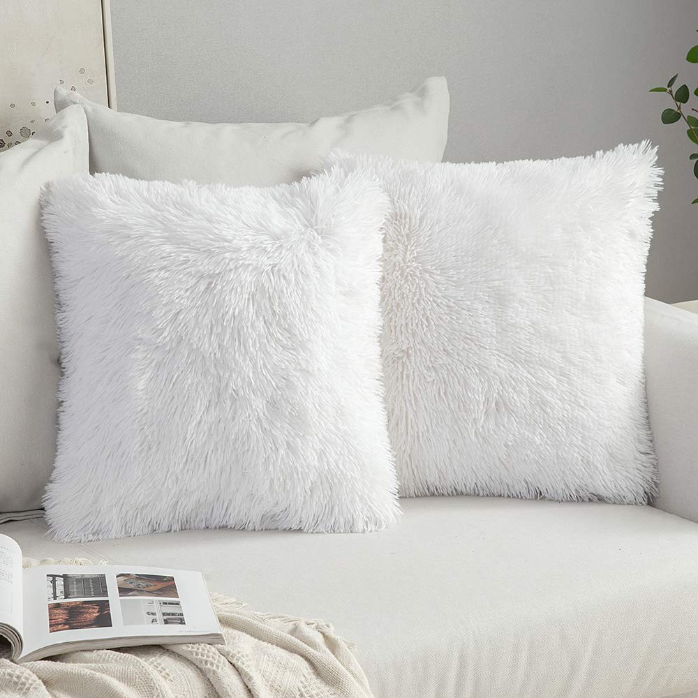 MIULEE Pack of 2 Decoration Luxury Faux Fur Throw Pillow Covers Spring Cute Deluxe Spring Decorative Plush Pillow Case Cushion Cover Shell for Sofa Bedroom Car 18x18 Inch White
