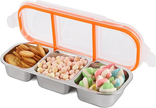 zenjarigily Stainless Steel Snack Containers with Lids, 3 Compartment Leakproof Reusable Snack Box for Nuts, Fruits- Divided Grab & Go Container for School, Office, Travel