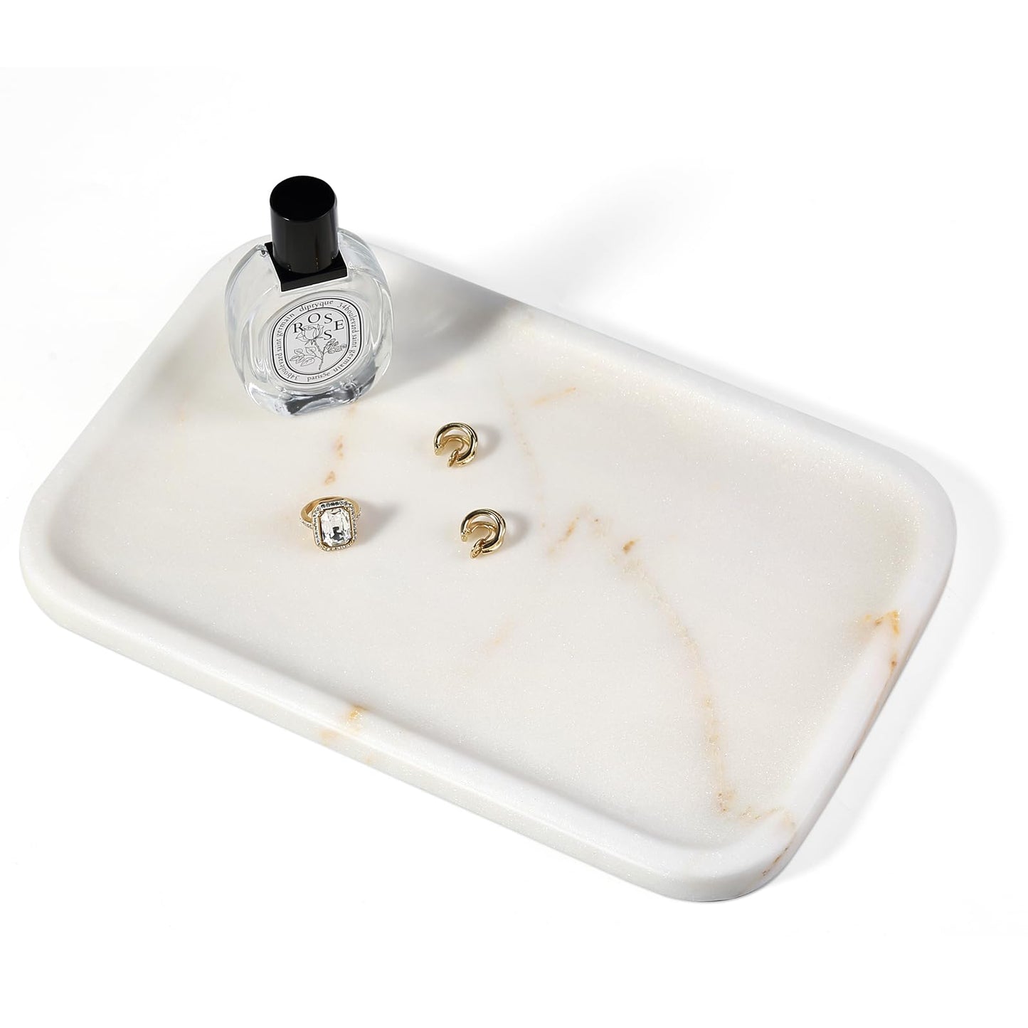 Koville Marble Tray, 12"x8" Natural Marble Vanity Tray for Countertop Bathroom Kitchen Dresser, Decorative Catchall Trays for Perfume Jewelry, Rectangular Stone Serving Tray(Golden Calacatta)