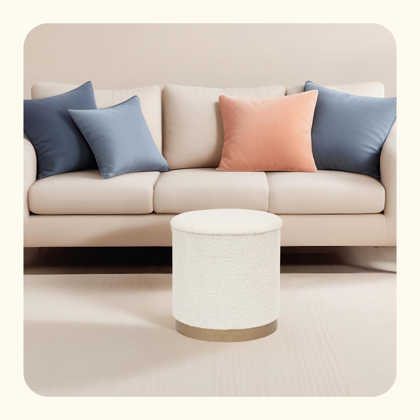 PINPLUS Large Round White Boucle Storage Ottoman, 16.7"x16.7"x17.7" – Textured Teddy Ottoman with Hidden Storage, Modern Coffee Table for Living Room, 250 LBS Capacity