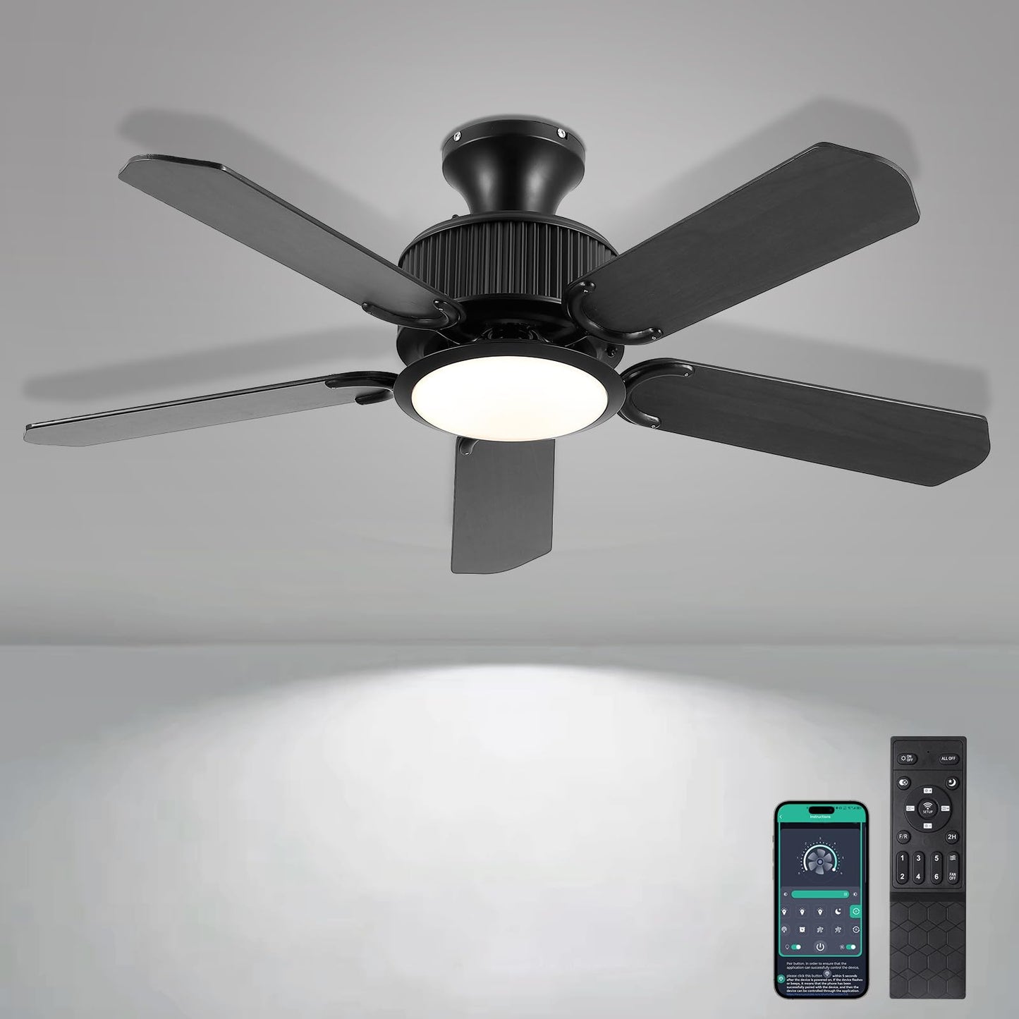 Surtime 44In Flush Mount Ceiling Fans with Lights and APP&Remote Control,Farmhouse Low Profile Ceiling Fan for Indoor/Outdoor,3CCT Dimmable,5 Reversible Double-Sided Blades（Black）