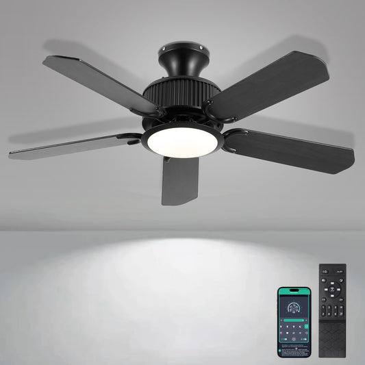 Surtime 44In Flush Mount Ceiling Fans with Lights and APP&Remote Control,Farmhouse Low Profile Ceiling Fan for Indoor/Outdoor,3CCT Dimmable,5 Reversible Double-Sided Blades（Black）