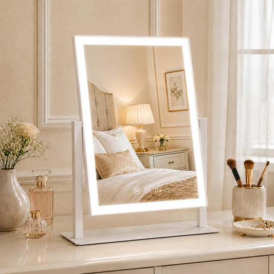 ROLOVE 16"x13" Vanity Mirror with Lights, Three Colors Lighting Mode, 360°Rotation, Lighted Makeup Mirror wih Stand for Desk, Bedroom, Dorm, Gifts for Women