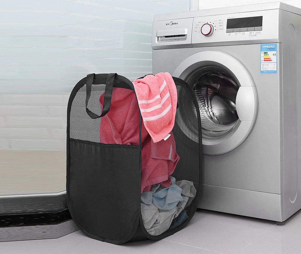 BENJUNC 2 pop-up foldable mesh laundry baskets (each with 2 reinforced handles), black + blue…