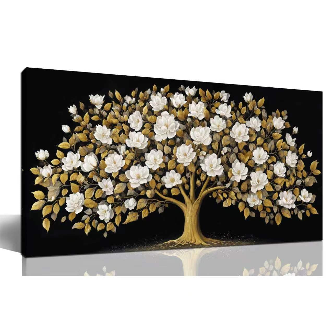 ORKARLUMENT Large Tree of Life Wall Art for Living Room Gold and White Floral Modern Artwork for Bedroom Office Canvas Prints 20"x40"