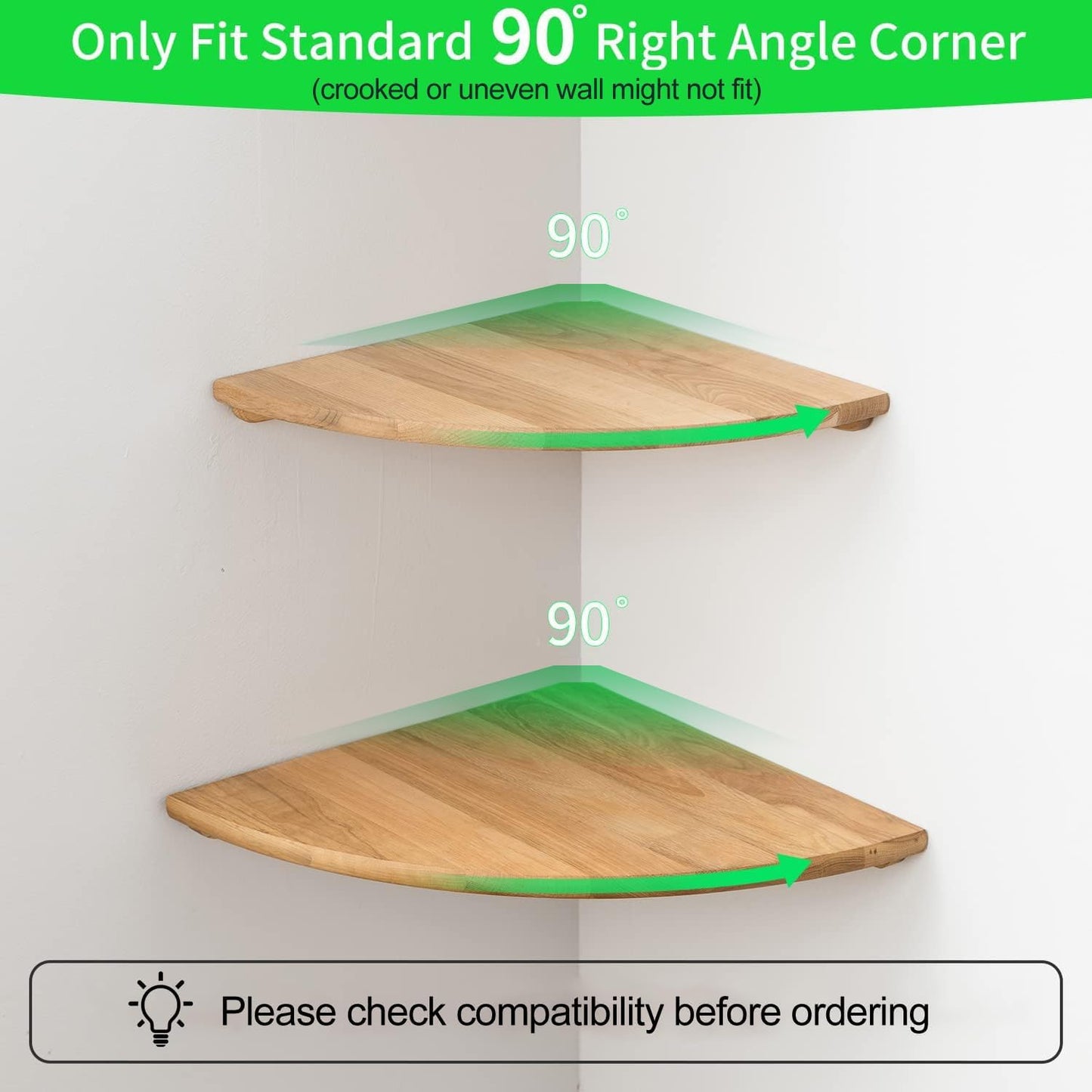 Conamily Corner Shelves, Floating Corner Shelf, Set of 2 7inch Solid Oak Wood Wall Shelves, Round End Wall Mount with Wire Hole Shelving for Small Plant for Bedroom Kitchen, Living Room
