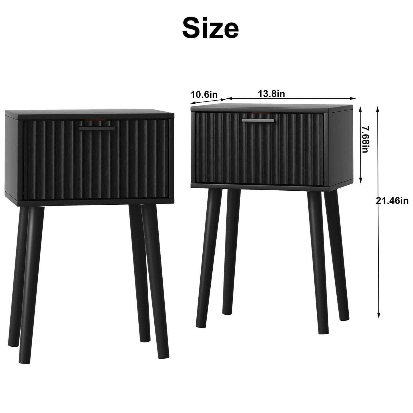LAATOOREE Nightstands Set of 2, Small Side Table, Bedside Table with Fluted Door, Solid Wood Feet, Modern Mid-Century End Table for Bedroom, Small Space, Black