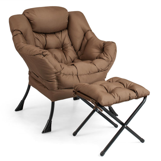 Giantex Lazy Chair with Ottoman, Accent Sofa Chair with Folding Footrest, Side Storage Pocket, Upholstered Leisure Lounge Armchair with Stool for Bedroom, Living Room, Office, Brown