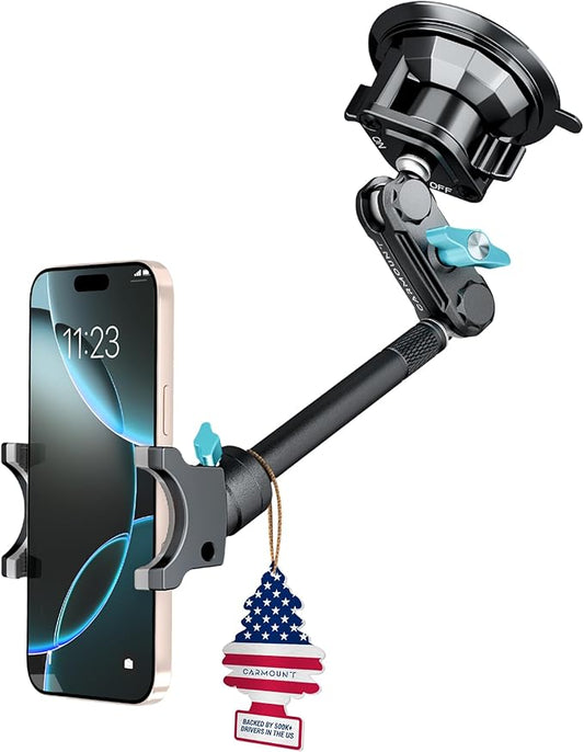 CARMOUNT TitanX100 Long – Truck Phone Mount – Heavy Duty Metal Phone Holder, Suction Cup Phone Mount for Car, Windshield Mount Cell Phone Holder for iPhone, Android, GPS & All Devices