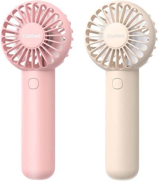 Coohea 2-Pack Pink & Beige Handheld Fan, Small Cute Design, 3 Powerful Speeds, Operated by USB/Rechargeable Battery, Personal Portable Fan with Base & Lanyard, for Eyelash Makeup Travel Beach Desk