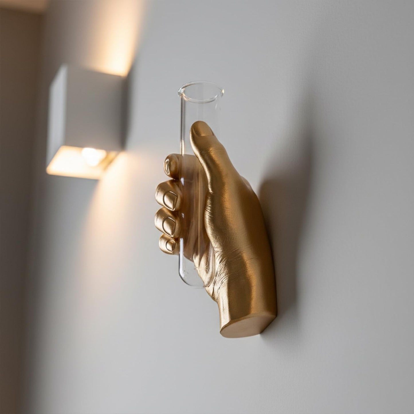 Gold Wall Art Decor Hand Vase, Unique 3D Wall Sculptures Mount Vases for Flowers, Contemporary Gallery Art Whimsical Home Indoor Outdoor Decor Accent, Dimensional Hand Sculpture, Glass Test Tube