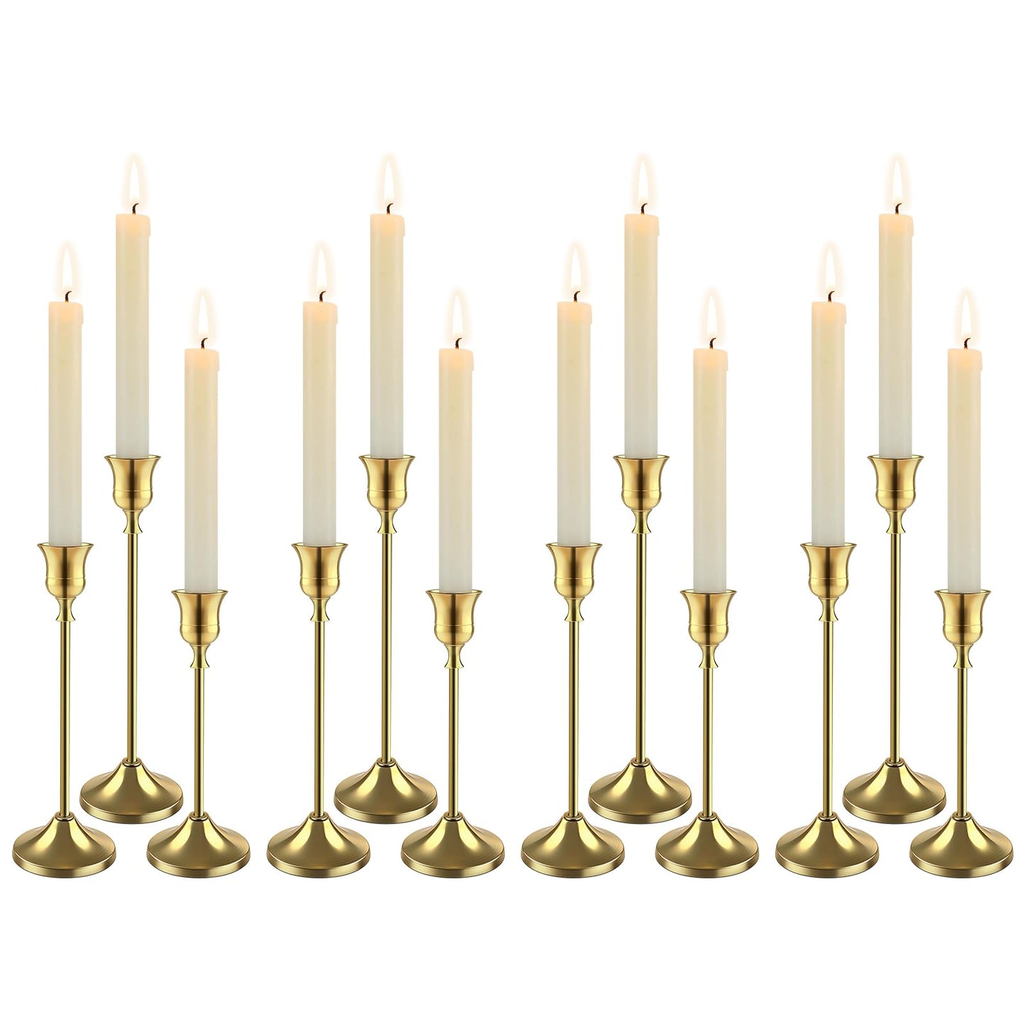 12 PCS (4 Sets) Brass Gold Taper Candlestick Holders - Vintage Metal Candle Sticks