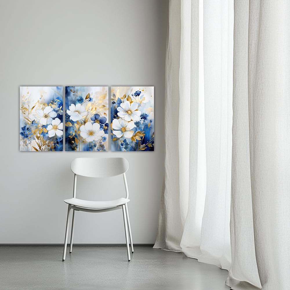 Abstract Flower Canvas Wall Art 3 Pieces Blue and Gold Floral Picture Wall Art Blooming Botanical Painting Prints Bedroom Decors(Flowers-5,12x16inchx3 Pieces (30x40cmx3 Pieces))